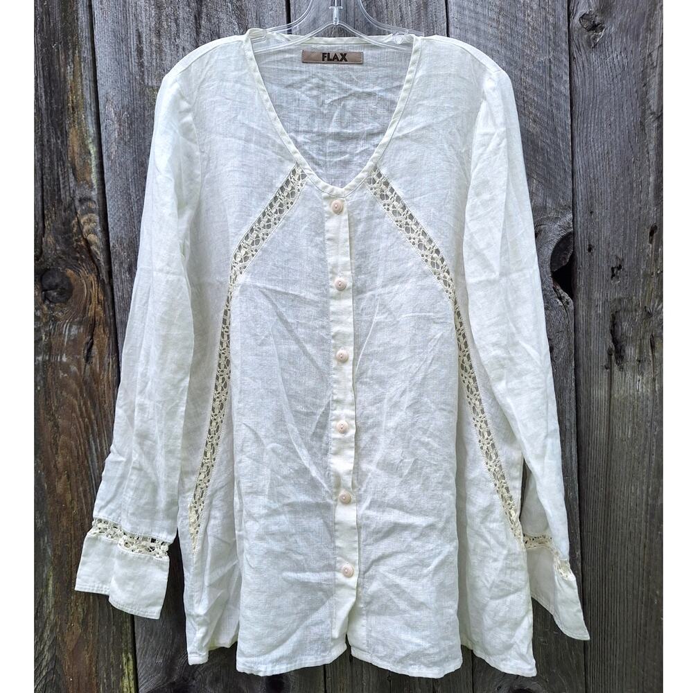 FLAX 100% linen white longsleeve button down tunic w crochet details lagenlook